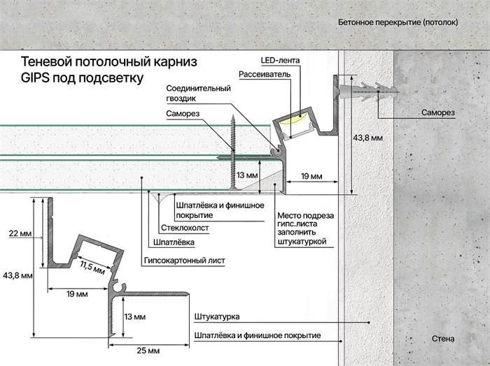 Теневой профиль потолочный GIPS под подсветку, Белый матовый RAL9016 размер (43.8*44.1*3000мм) отступ 19мм. 51-22-300 - фото 5265